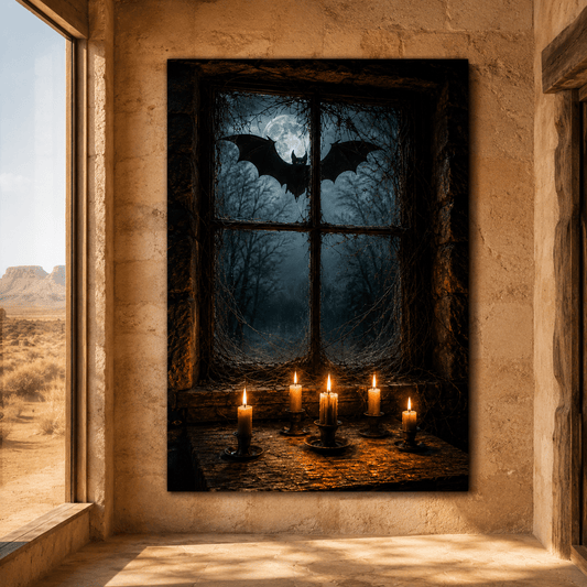Gothic Bat at Moonlit Window Wrapped Canvas Wall Art – Dark Halloween Candlelight Print - ART OF ROYALS