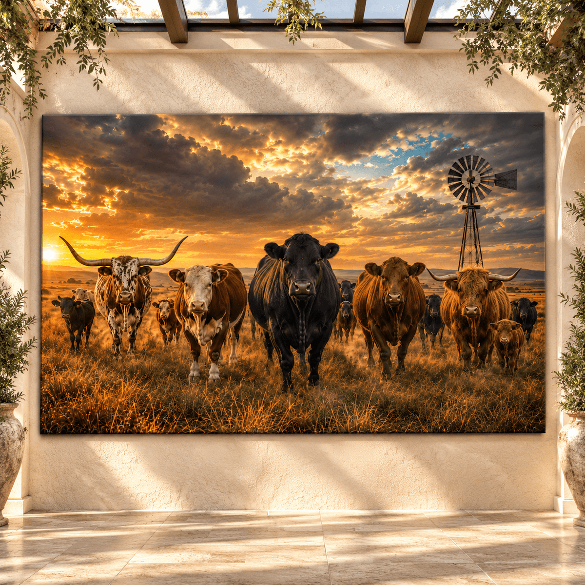 Western Cattle Herd at Sunset Wrapped Canvas Wall Art – Longhorn, Highland & Black Angus Ranch Scene - ART OF ROYALS