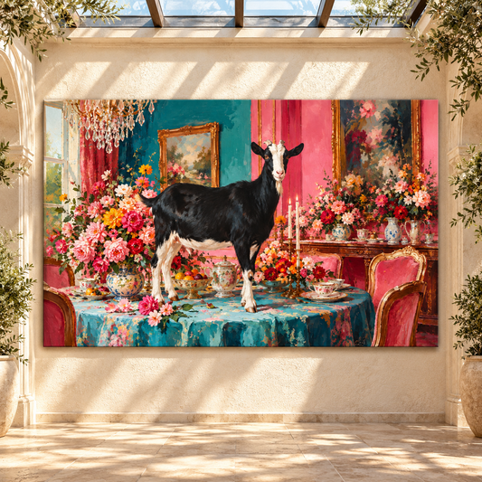 Funny Goat on Dining Table Wrapped Canvas Wall Art – Colorful Maximalist Farmhouse Decor - ART OF ROYALS