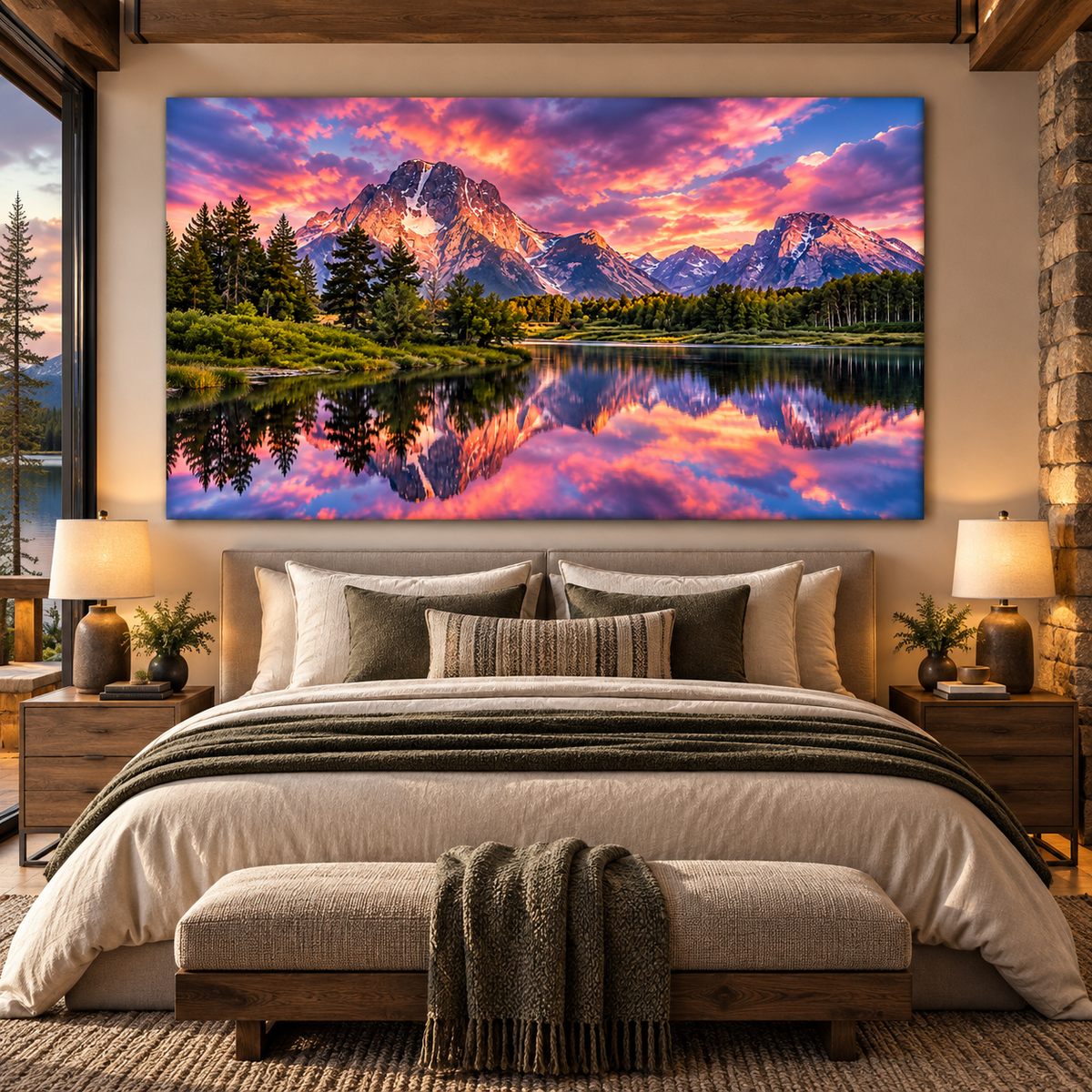 Grand Teton Mountain Sunset Wrapped Canvas Wall Art – Pink Sky & Reflective Alpine Lake Landscape