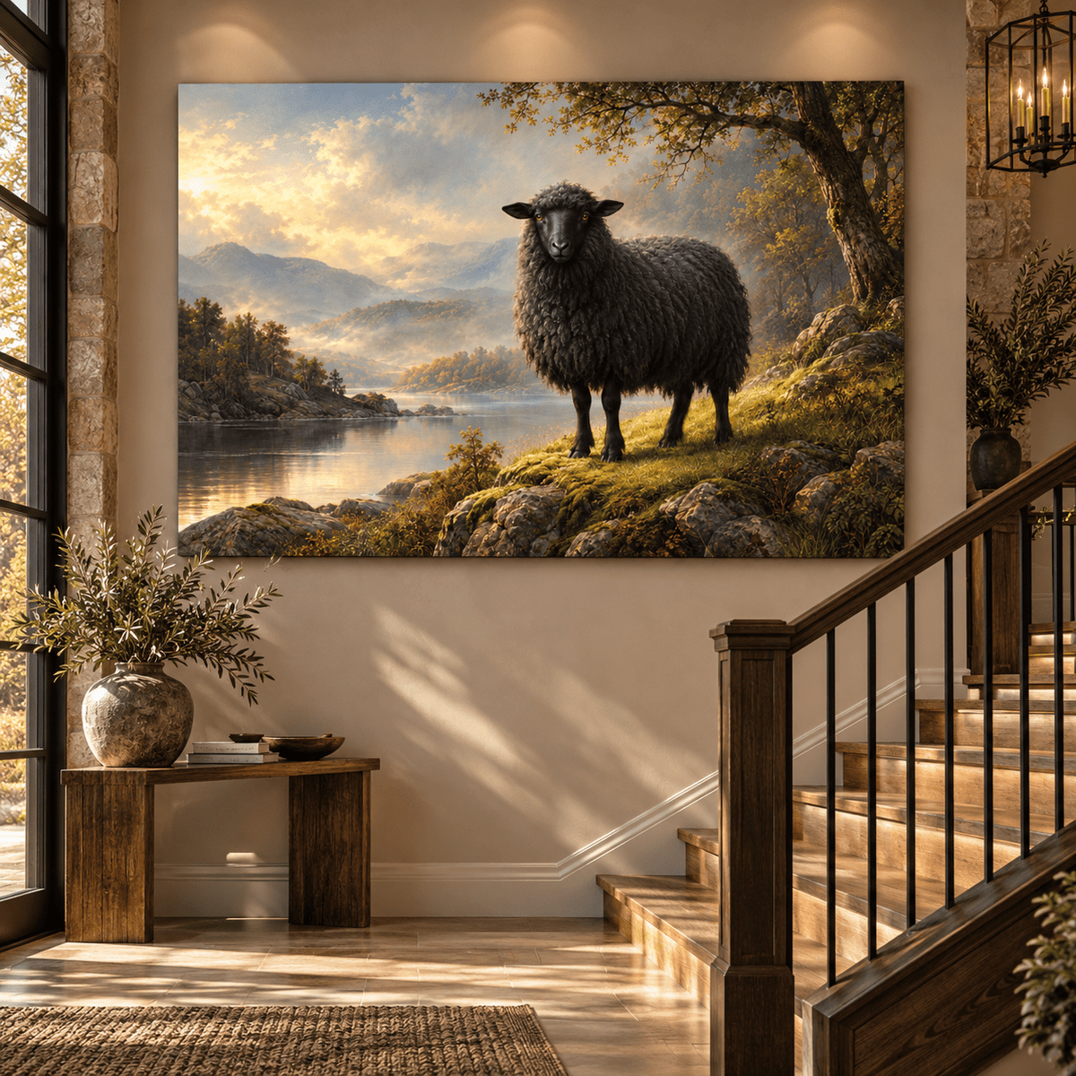 Black Sheep by Mountain Lake Wrapped Canvas Wall Art – Moody Pastoral Countryside Landscape