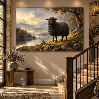 Black Sheep by Mountain Lake Wrapped Canvas Wall Art – Moody Pastoral Countryside Landscape