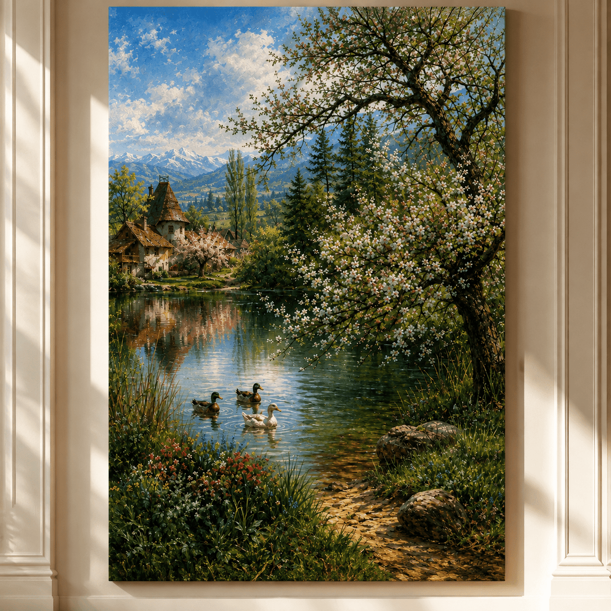 Spring Mountain Lake Wrapped Canvas Wall Art – Flowering Tree, Ducks & Cottage Landscape Print - ART OF ROYALS