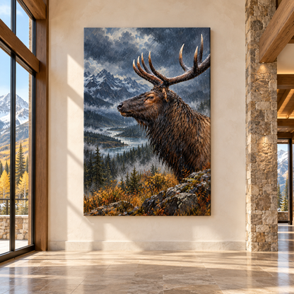 Bull Elk in Rain Wrapped Canvas Wall Art – Dramatic Mountain Wildlife Painting