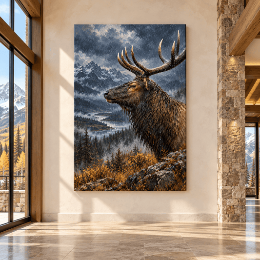Bull Elk in Rain Wrapped Canvas Wall Art – Dramatic Mountain Wildlife Painting - ART OF ROYALS