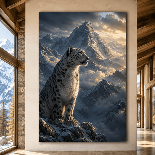 Snow Leopard in the Mountains Wrapped Canvas Wall Art – Majestic Alpine Wildlife Print - ART OF ROYALS