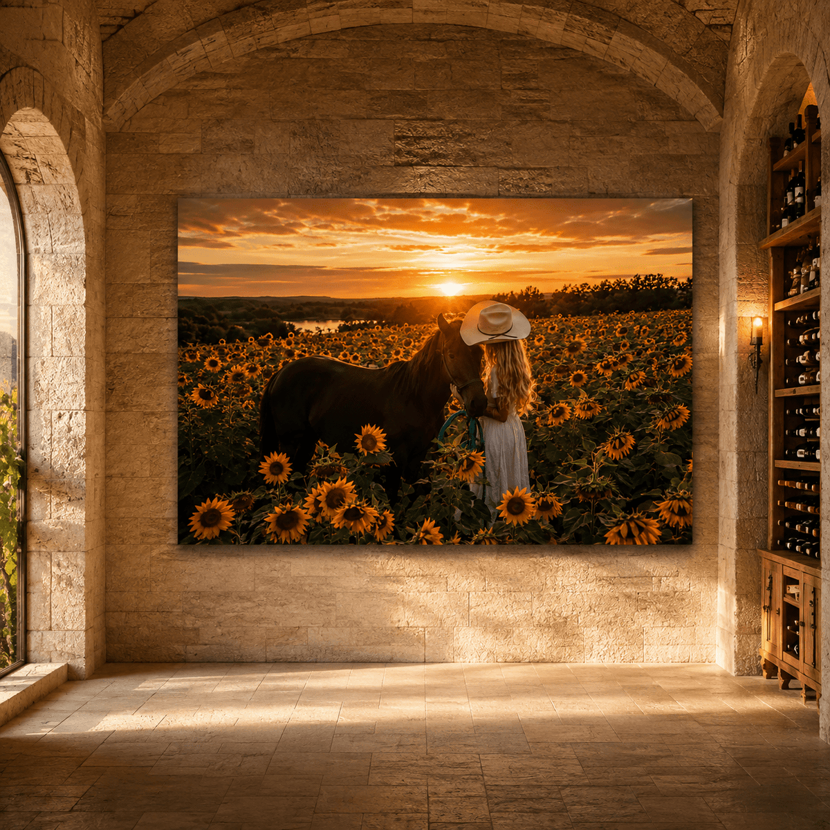 Cowgirl with Black Horse in Sunflower Field Wrapped Canvas Wall Art – Western Sunset Horse Print - ART OF ROYALS