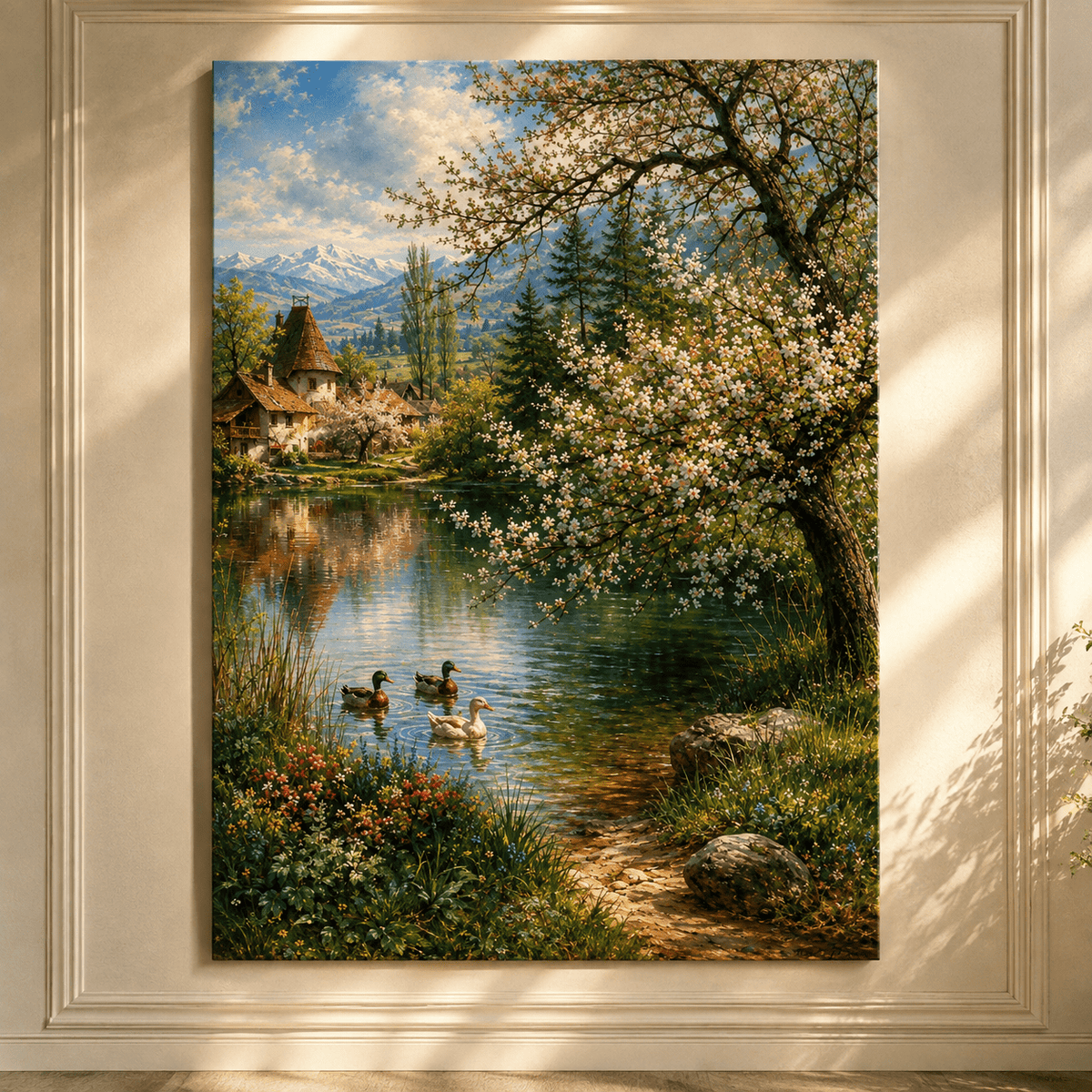 Spring Mountain Lake Wrapped Canvas Wall Art – Flowering Tree, Ducks & Cottage Landscape Print - ART OF ROYALS