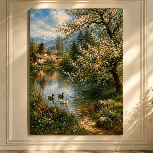 Spring Mountain Lake Wrapped Canvas Wall Art – Flowering Tree, Ducks & Cottage Landscape Print - ART OF ROYALS