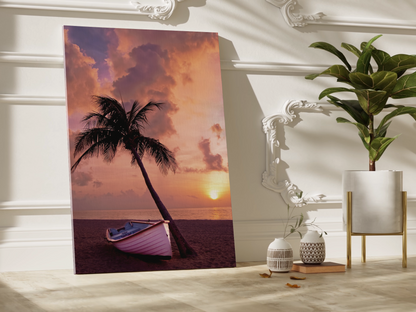 Tropical Escape – Palm Tree and Boat by the Ocean