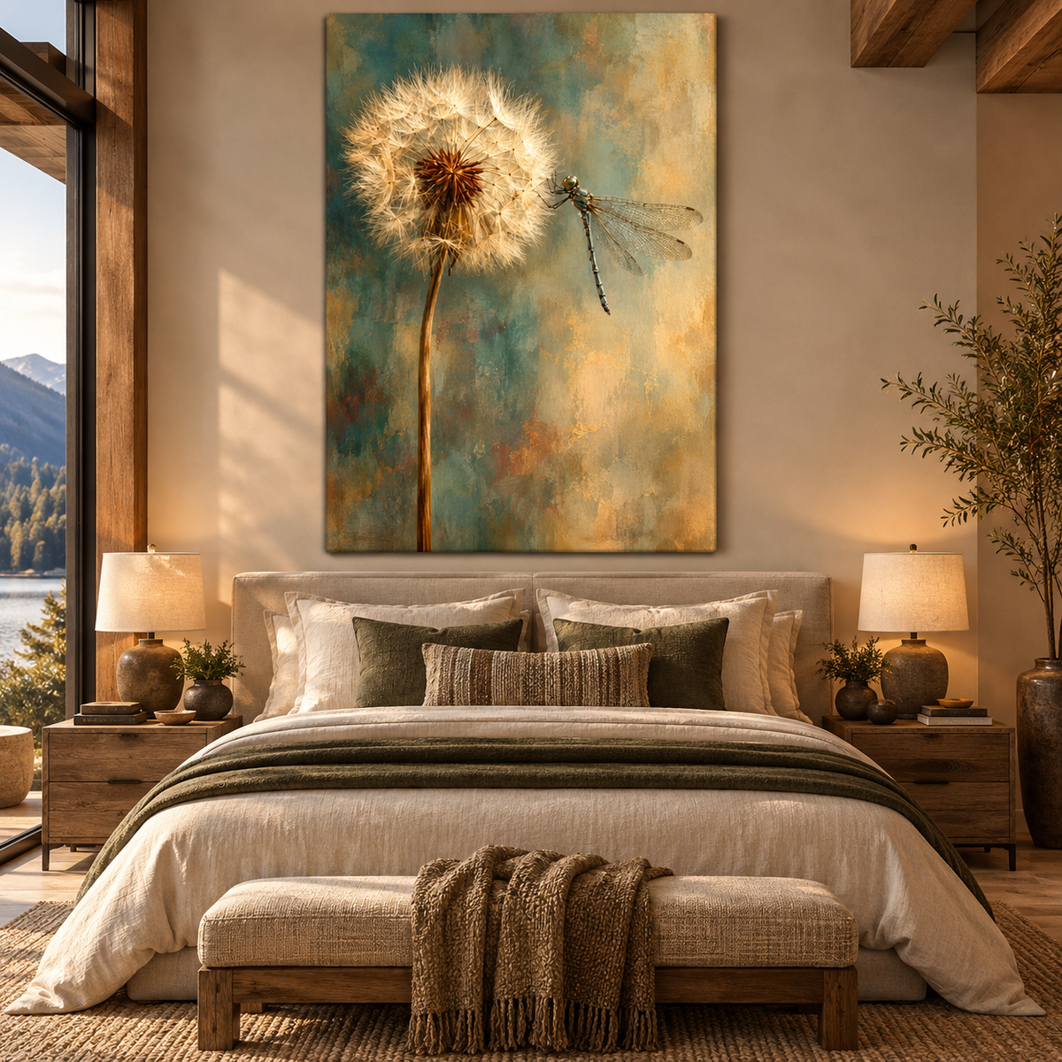 Dandelion & Dragonfly Wrapped Canvas Wall Art – Teal and Gold Botanical Nature Painting