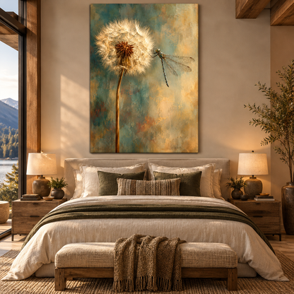 Dandelion & Dragonfly Wrapped Canvas Wall Art – Teal and Gold Botanical Nature Painting