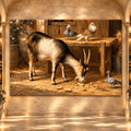Goat & Pigeons in Rustic Barn Wrapped Canvas Wall Art – Farm Animal Country Painting