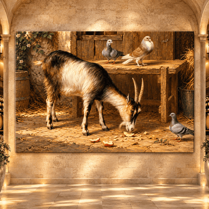 Goat & Pigeons in Rustic Barn Wrapped Canvas Wall Art – Farm Animal Country Painting - ART OF ROYALS
