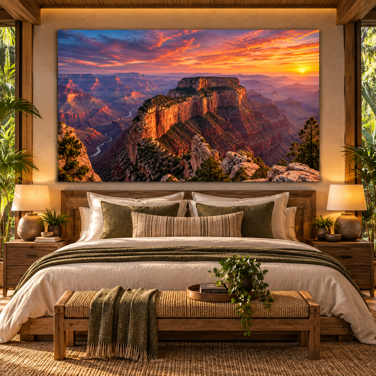 Grand Canyon at Fiery Sunset Wrapped Canvas Wall Art – Majestic Southwest Canyon Landscape Print
