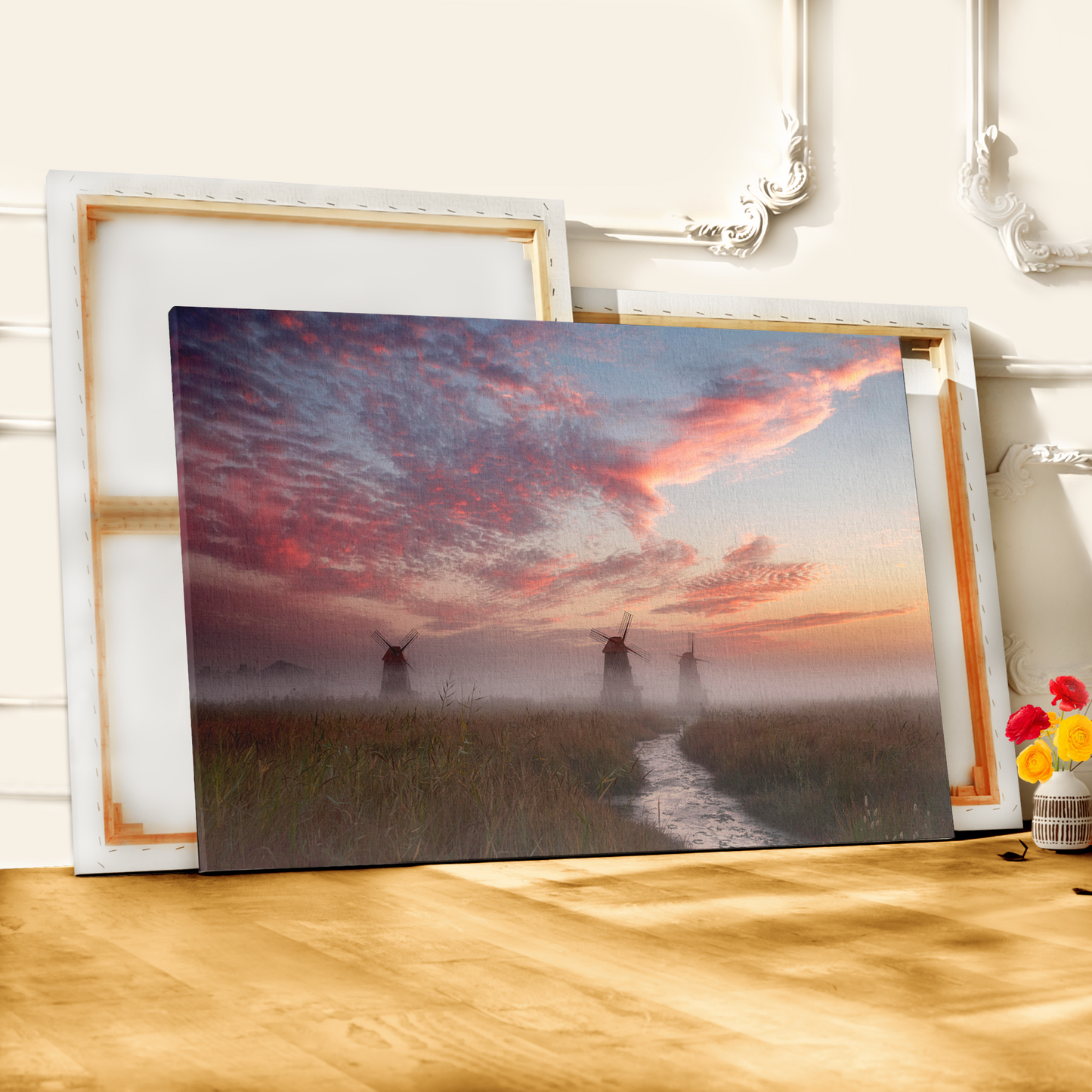 Windmills Over Tranquil River and Field