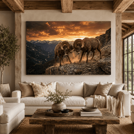 Bighorn Rams Clash at Sunset Canvas Wall Art – Mountain Wildlife Strength Decor - ART OF ROYALS