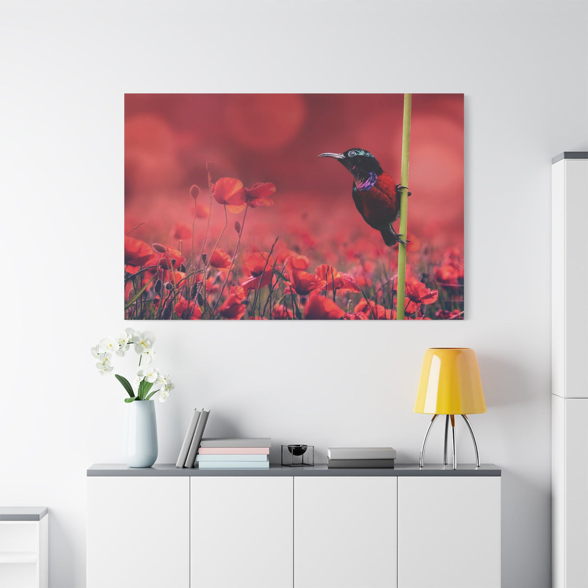 Bird Among Poppies Canvas Wall Art – Luxury Floral Wildlife Nature Print - ART OF ROYALS