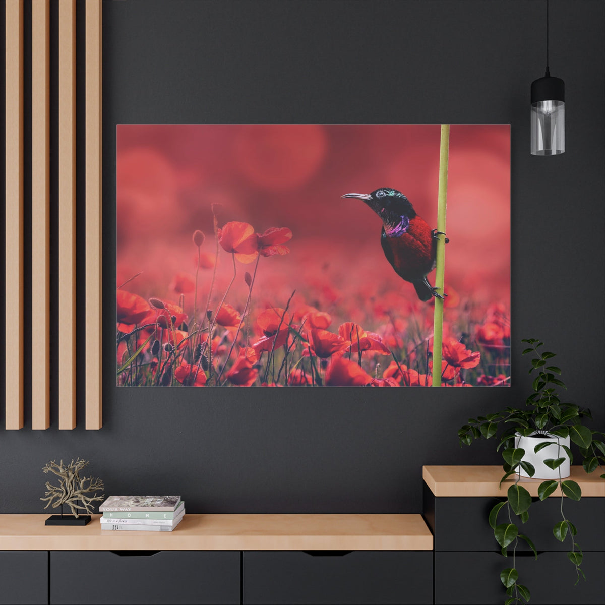 Bird Among Poppies Canvas Wall Art – Luxury Floral Wildlife Nature Print - ART OF ROYALS