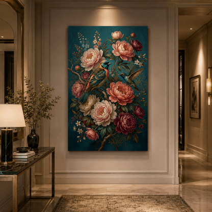 Birds Among Peonies Canvas Wall Art – Elegant Floral Bird Painting for Luxury Home Decor - ART OF ROYALS