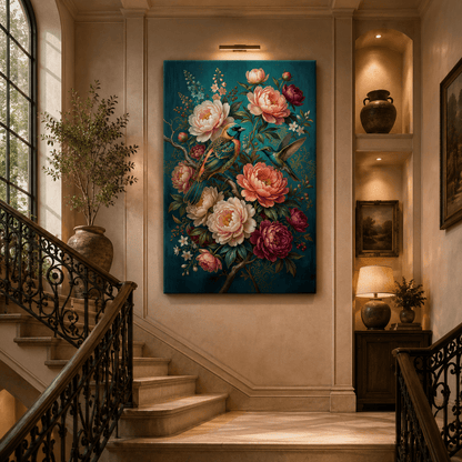Birds Among Peonies Canvas Wall Art – Elegant Floral Bird Painting for Luxury Home Decor - ART OF ROYALS