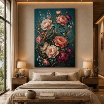 Birds Among Peonies Canvas Wall Art – Elegant Floral Bird Painting for Luxury Home Decor - ART OF ROYALS