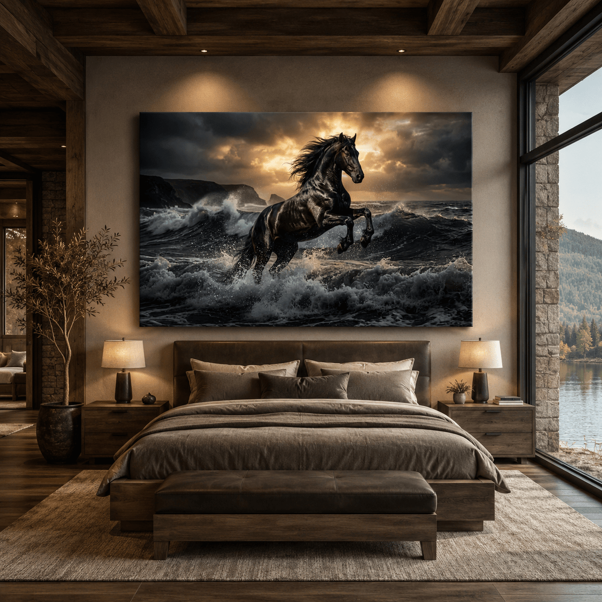 Black Stallion in Ocean Waves Canvas Wall Art – Majestic Horse Power & Dramatic Seascape Painting - ART OF ROYALS