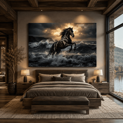 Black Stallion in Ocean Waves Canvas Wall Art – Majestic Horse Power & Dramatic Seascape Painting - ART OF ROYALS