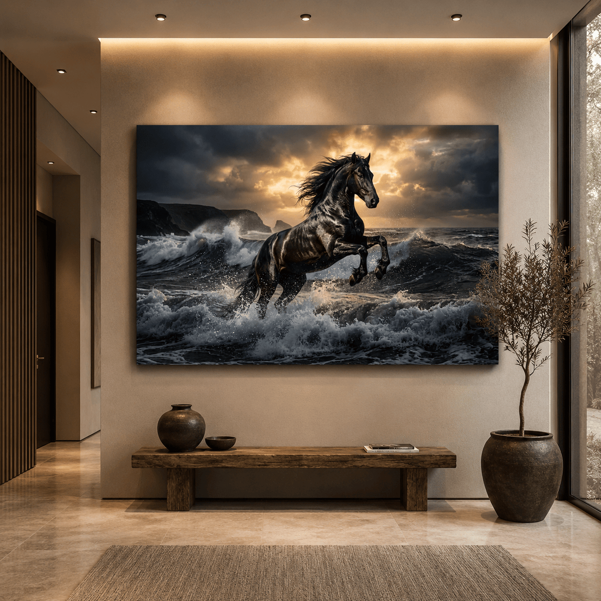 Black Stallion in Ocean Waves Canvas Wall Art – Majestic Horse Power & Dramatic Seascape Painting - ART OF ROYALS