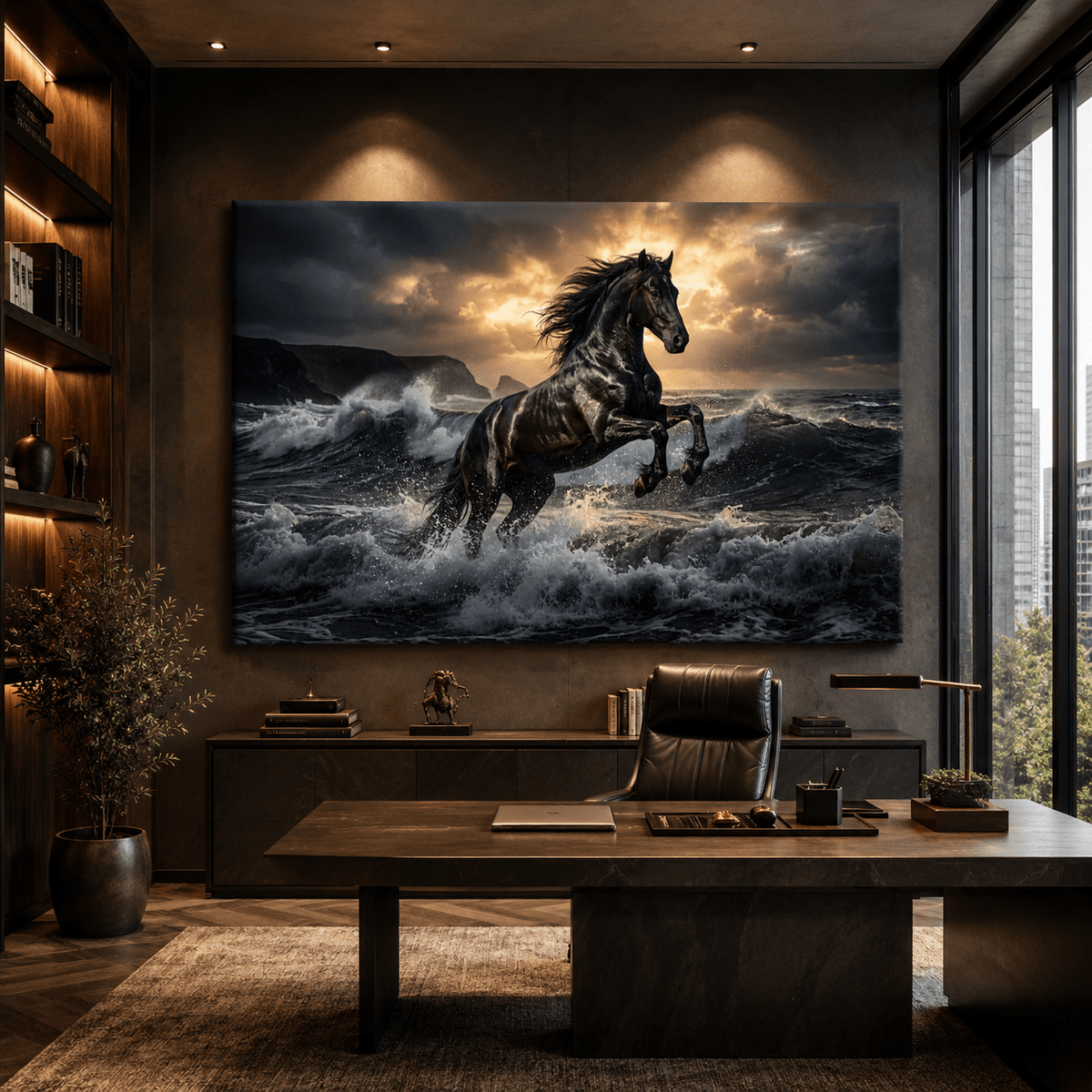 Black Stallion in Ocean Waves Canvas Wall Art – Majestic Horse Power & Dramatic Seascape Painting - ART OF ROYALS