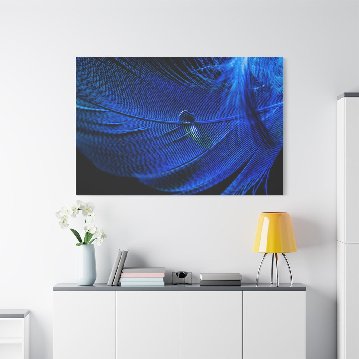 Blue Feather Macro Canvas Wall Art – Luxury Abstract Nature Photography Print - ART OF ROYALS