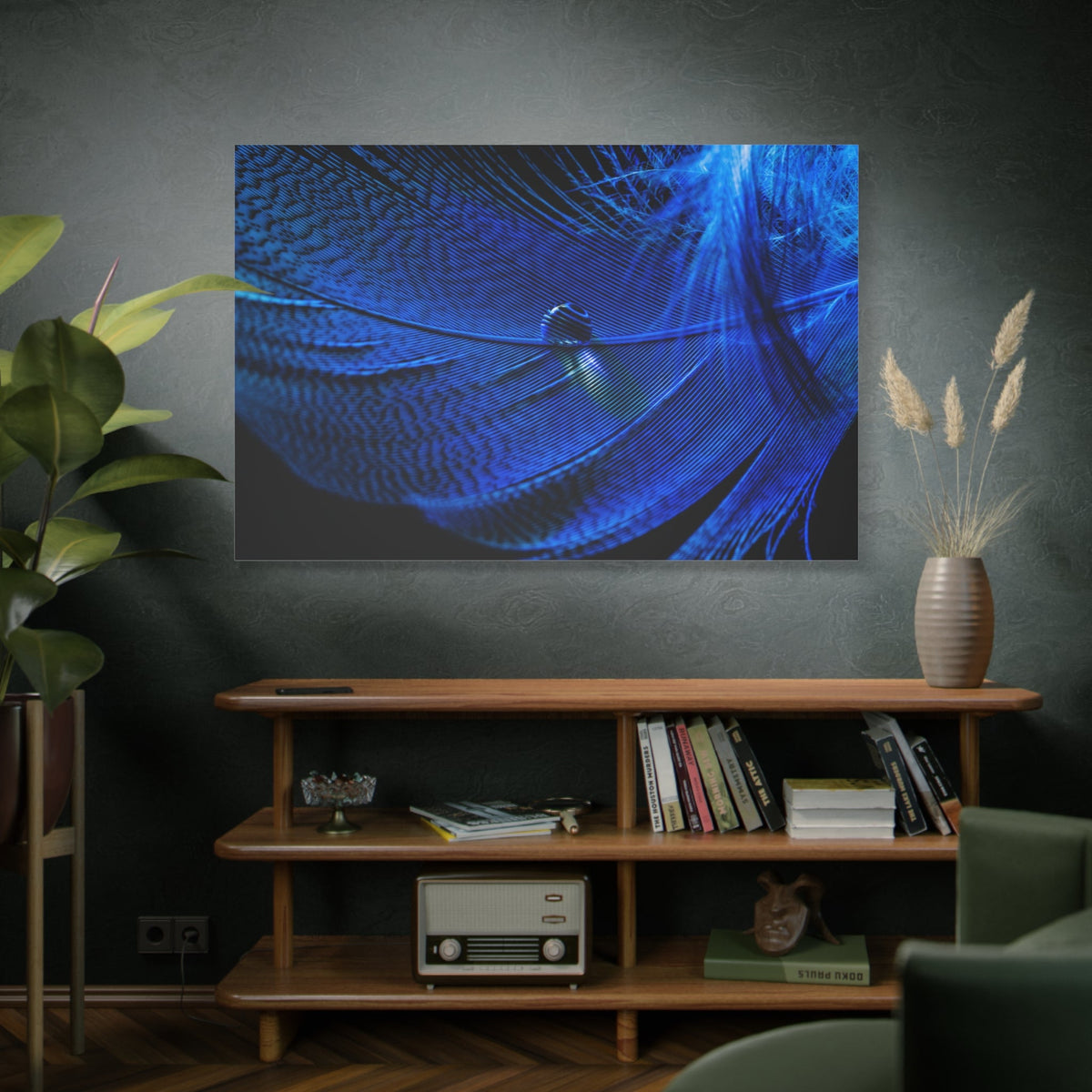 Blue Feather Macro Canvas Wall Art – Luxury Abstract Nature Photography Print - ART OF ROYALS