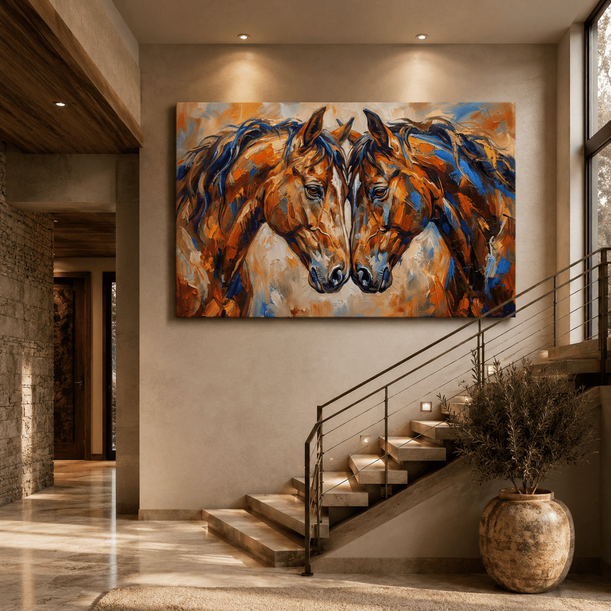 Bonded Horses Abstract Canvas Wall Art – Expressive Equine Love & Unity Painting - ART OF ROYALS