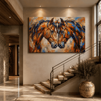 Bonded Horses Abstract Canvas Wall Art – Expressive Equine Love & Unity Painting - ART OF ROYALS