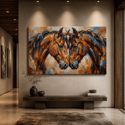 Bonded Horses Abstract Canvas Wall Art – Expressive Equine Love & Unity Painting - ART OF ROYALS