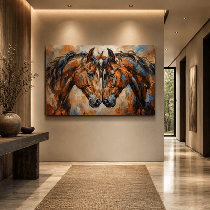 Bonded Horses Abstract Canvas Wall Art – Expressive Equine Love & Unity Painting - ART OF ROYALS