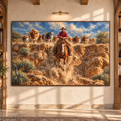 Texas Longhorn Cattle Drive Canvas Wall Art – Cowboy on Chestnut Horse Western Ranch Painting