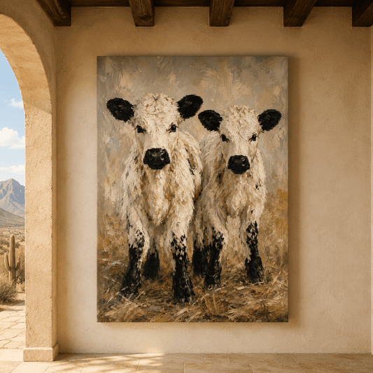 Two White Calves Wrapped Canvas Wall Art – Rustic Farmhouse Baby Cow Painting Print - ART OF ROYALS