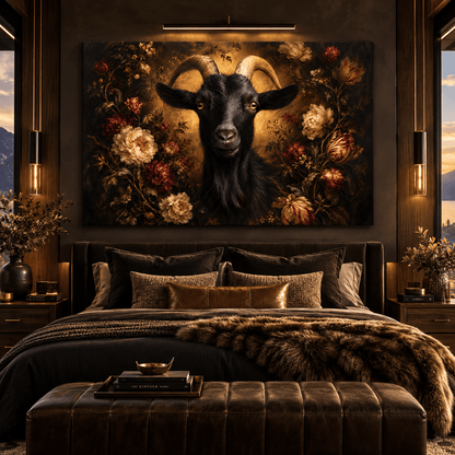 Black Goat & Moody Floral Wrapped Canvas Wall Art – Dark Farmhouse Animal Portrait - ART OF ROYALS