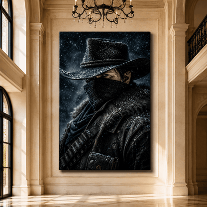 Masked Cowboy in Snow Wrapped Canvas Wall Art – Dark Western Outlaw Portrait Print - ART OF ROYALS