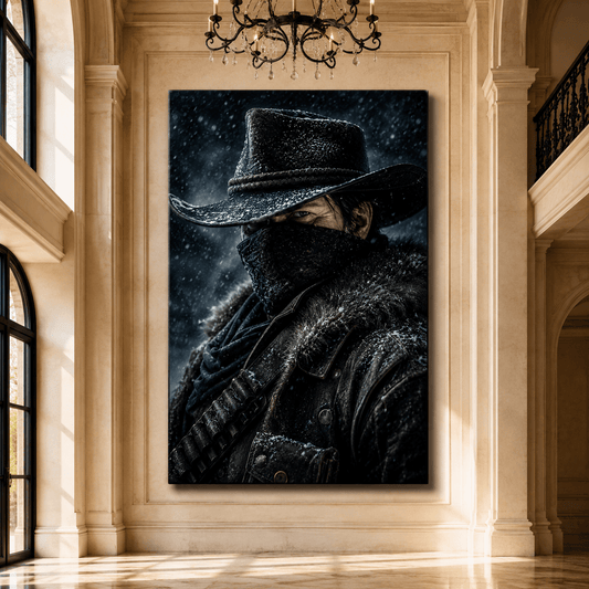 Masked Cowboy in Snow Wrapped Canvas Wall Art – Dark Western Outlaw Portrait Print - ART OF ROYALS
