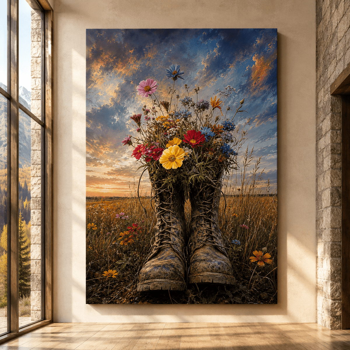 Wildflower-Filled Cowboy Boots Wrapped Canvas Wall Art – Rustic Western Floral Country Print - ART OF ROYALS