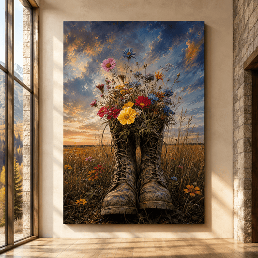Wildflower-Filled Cowboy Boots Wrapped Canvas Wall Art – Rustic Western Floral Country Print - ART OF ROYALS