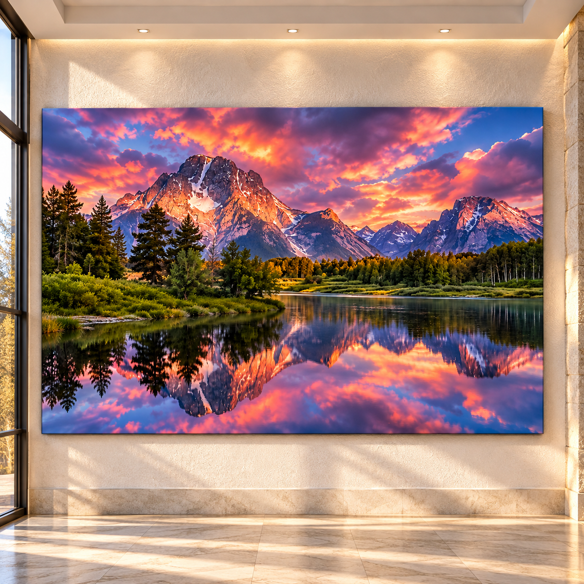 Grand Teton Mountain Sunset Wrapped Canvas Wall Art – Pink Sky & Reflective Alpine Lake Landscape