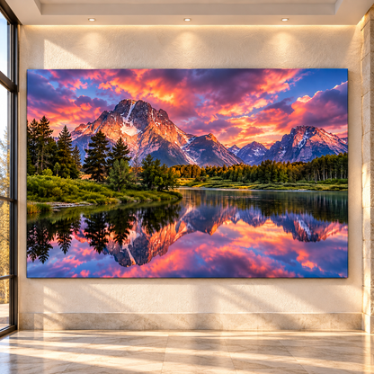 Grand Teton Mountain Sunset Wrapped Canvas Wall Art – Pink Sky & Reflective Alpine Lake Landscape