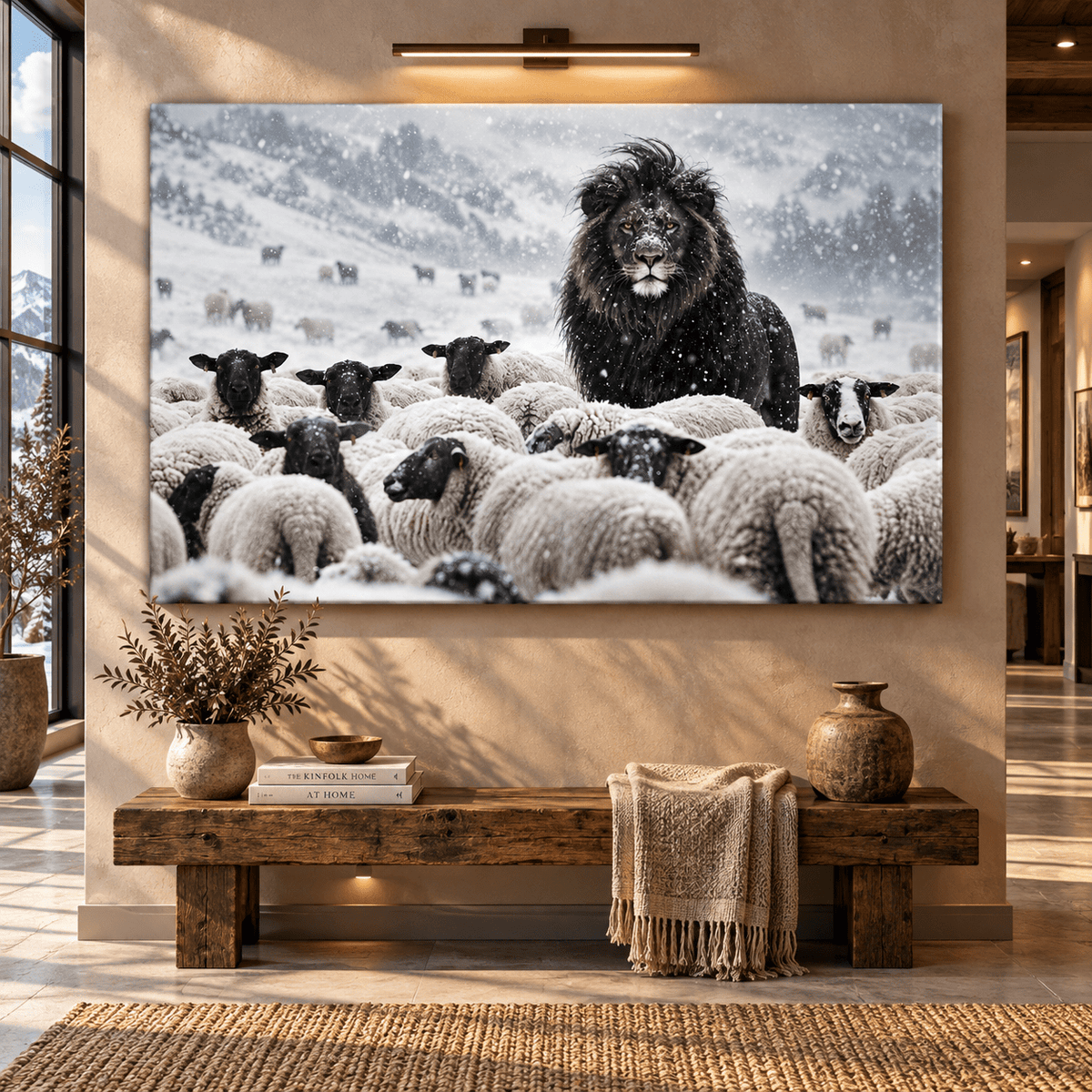 Black Lion Among Sheep in Snow Wrapped Canvas Wall Art – Dramatic Winter Wildlife & Farm Animal Scene