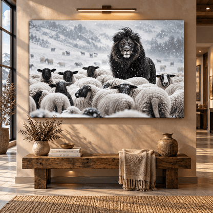 Black Lion Among Sheep in Snow Wrapped Canvas Wall Art – Dramatic Winter Wildlife & Farm Animal Scene