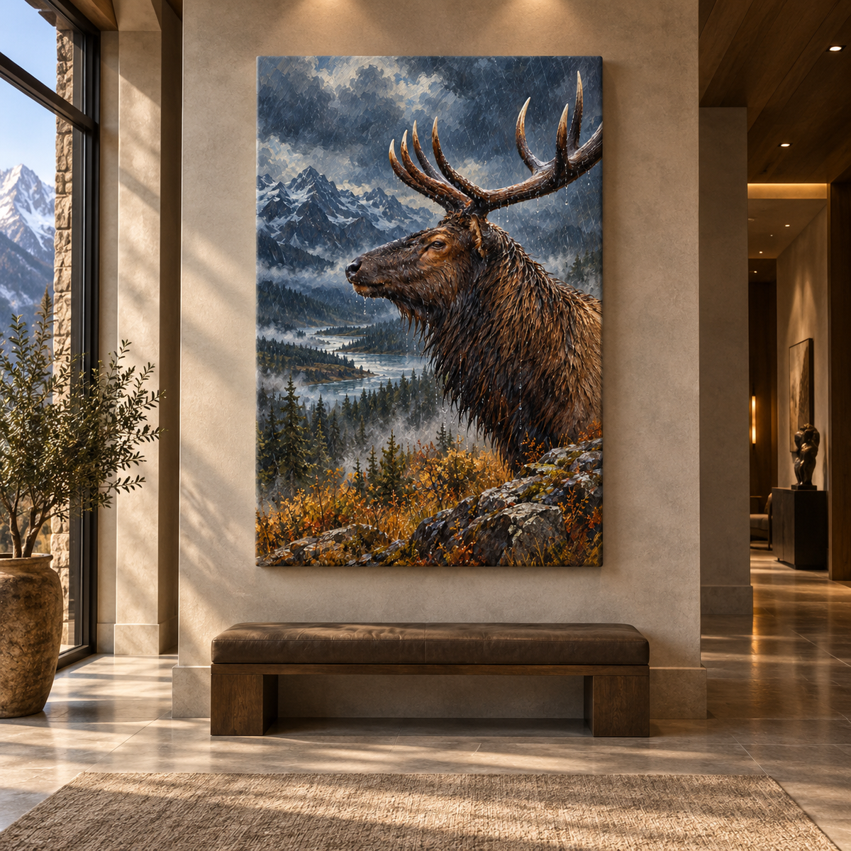 Bull Elk in Rain Wrapped Canvas Wall Art – Dramatic Mountain Wildlife Painting