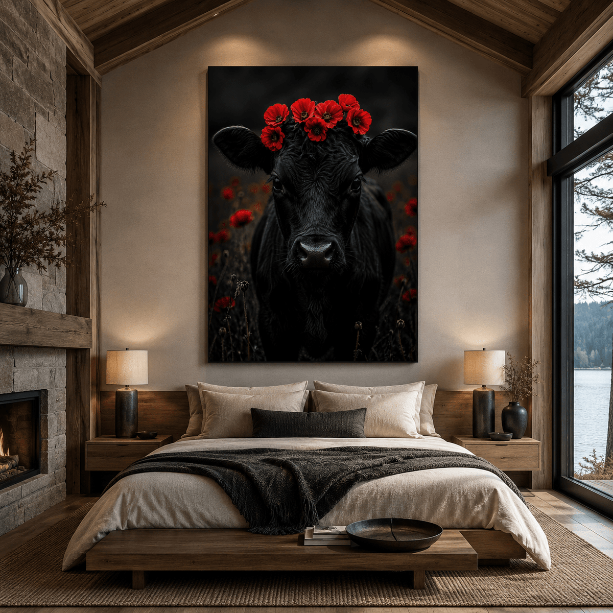 Black Cow with Poppy Flower Crown Wrapped Canvas Wall Art – Moody Floral Portrait Print - ART OF ROYALS
