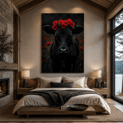 Black Cow with Poppy Flower Crown Wrapped Canvas Wall Art – Moody Floral Portrait Print - ART OF ROYALS